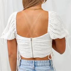 Top  Blusa Cuello V Manga Corta Encarrujado Sue de Brodery A