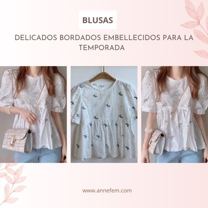 Blusa Bordada Floral Manga Corta  Línea A Lem