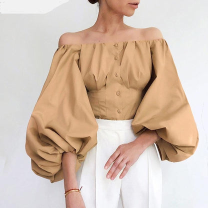 Blusa Off Shoulder con Botones Cuerpo Entallado  Manga Globo Jhely