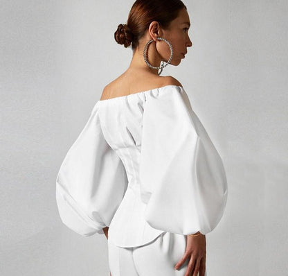 Blusa Off Shoulder con Botones Cuerpo Entallado  Manga Globo Jhely