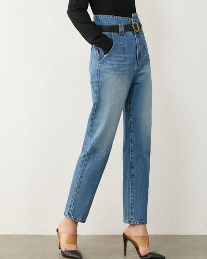 PANTALON JEANS CINTURA ALTA CON BOLSILLO Y PLIEGUE  DE TOBILLO RECTO LIA